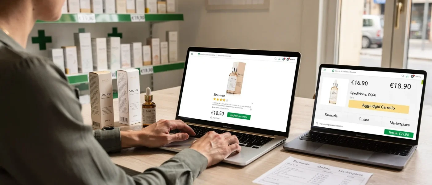 Confronto tra lo stesso cosmetico in farmacia fisica, farmacia online e marketplace con carrello aperto