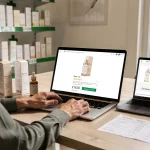Confronto tra lo stesso cosmetico in farmacia fisica, farmacia online e marketplace con carrello aperto