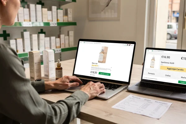 Confronto tra lo stesso cosmetico in farmacia fisica, farmacia online e marketplace con carrello aperto