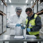 Responsabile qualità e operatore logistico controllano data logger e documenti di un lotto farmaceutico in quarantena
