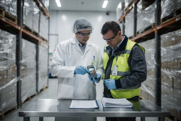 Responsabile qualità e operatore logistico controllano data logger e documenti di un lotto farmaceutico in quarantena