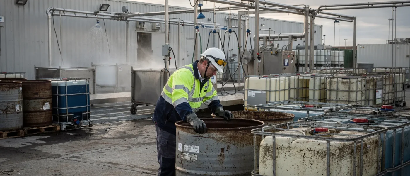 Operatore con dispositivi di protezione controlla un fusto industriale usato accanto a cisternette IBC in un'area di bonifica