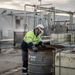 Operatore con dispositivi di protezione controlla un fusto industriale usato accanto a cisternette IBC in un'area di bonifica