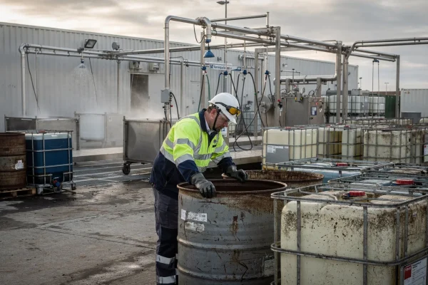 Operatore con dispositivi di protezione controlla un fusto industriale usato accanto a cisternette IBC in un'area di bonifica